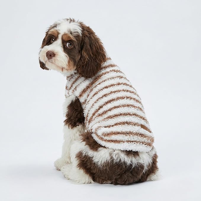 Fitwarm 2 Pack Striped Fleece Dog Sweater, Warm Winter Clothes for Small Dogs Boy Girl, Fuzzy Pet Outfit, White, Brown, Large