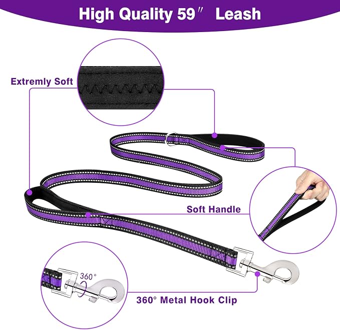 WINSEE Pet Harness Collar and Leash Set, All-in-one Reflective Dog Harness No Pull with Adjustable Buckles for Puppies, Small, Medium, Large, and Extra-Large Dogs (Small, Purple)