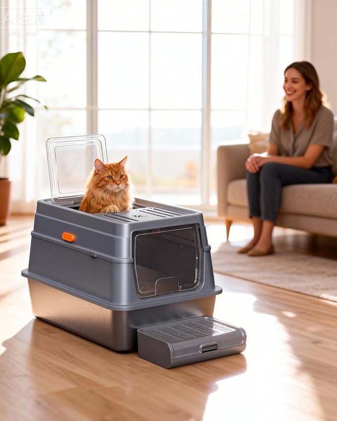 Powools Cat Litter Box - Stainless Steel Litter Box with Lid for Kitty, Metal Base Enclosed Cat Box with Litter Scoop, Elevated Step Box, Activated-Carbon Pack, 23.6" x 15.7" x 15", Grey