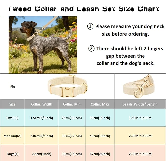 Luxury Soft Cotton Tweed Fabric Dog Collar & Leash Set with Gold Buckle – Durable Fabric, Stylish Design for Everyday Walks(Medium Cream)