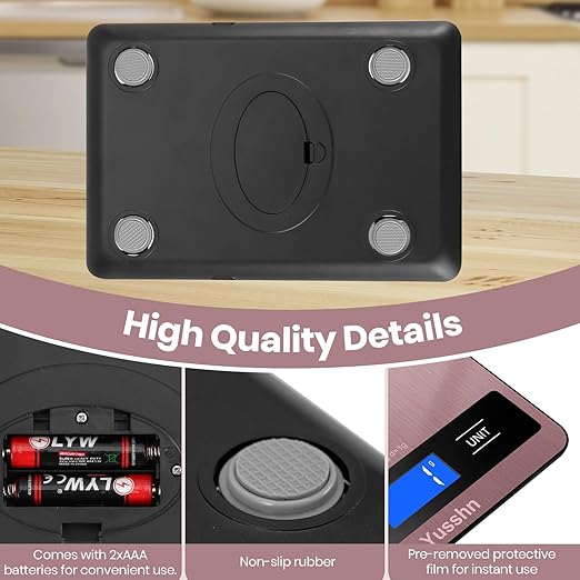 Yusshn Digital Kitchen Scale - Precision Food Scale for Cooking & Baking (1g/0.05oz Accuracy) - Waterproof Stainless Steel with LCD Display, Batteries Included - Weight in Grams & oz (Rose Gold)