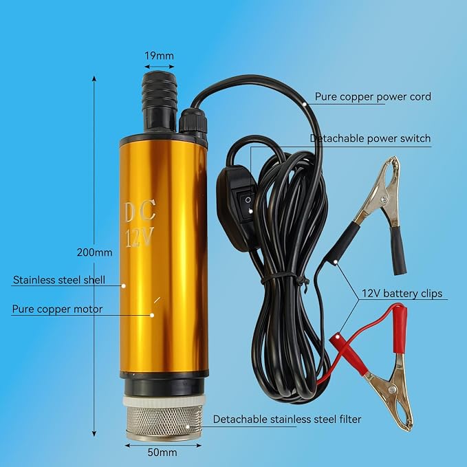 12V 80W Submersible Transfer Pump Water Diesel Oil for Auto Marine Farm | Eelectric transfer pump, 8A current, handles water,ideal for automotive, marine, agricultural irrigation and more