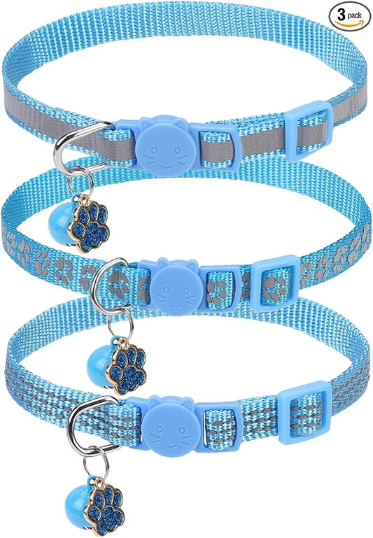 BINGPET Reflective Cat Collar Breakaway with Bells,3 Pack Kitten Collar for Girl Boy Cats with Cute Pendant Glow in The Dark,Adjustable 8''-11.8'',Blue