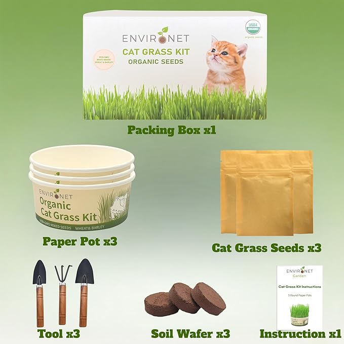 Cat Grass Kit for Indoor Cat, Organic Grass Growing Kit with Seeds, Soil and Planting Tools, Quick Germination, Perfect for Beginners