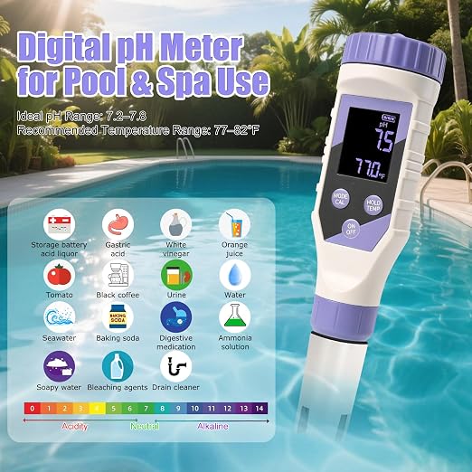 7-in-1 Digital Pool Water Tester – Chlorine, pH,Salt,ORP, EC, TDS&Temp Meter for Saltwater Pools, Hot Tubs, Spas, Complete Digital Pool Chemical Tester for Safe&Healthy Swimming