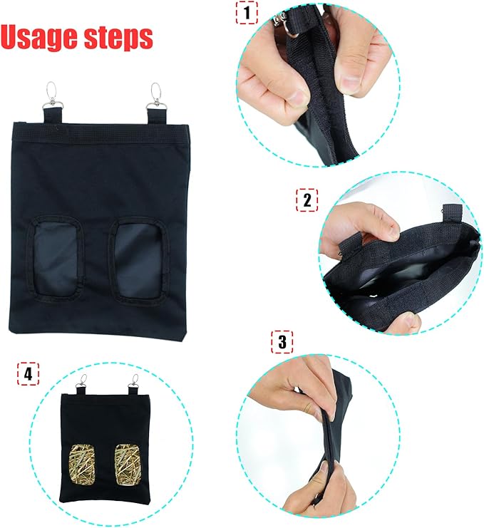 Rabbit Hay Feeder Bag Hanging Guinea Pig Hay Feeder with 2 Holes for Chinchilla Hamster Bunny Small Animal Pet Storage Pouch Black