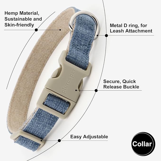 Plutus Pet Cotton Hemp Dog Collar and Leash Set, Adjustable Collar for Small, Medium, and Large Dogs, Heavy Duty and Soft on Skin, Haze Blue, M