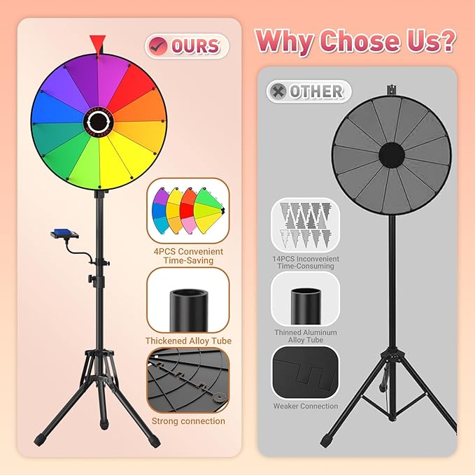 GSOW 20-Inch Spinning Prize Wheel, Adjustable 47"-61" Height Spin Game Storable Wheel with Stand, 12 Colors Wheel of Fortune for Carnival, Party, Classroom, Trade Show, Carnival Events