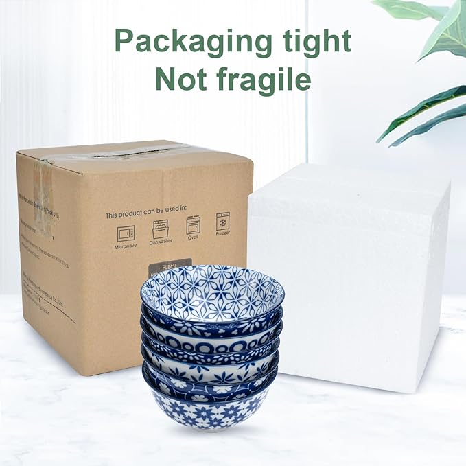 AntoKueh Blue and White Ceramic Bowls Set of 6, 10 oz Small Dessert bowl 4.7in for ice cream, Snack, Porcelain bowl for Dipping, Microwave & oven Safe