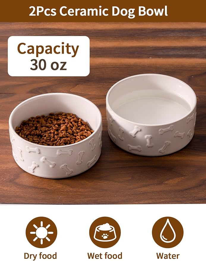 UBEE Ceramic Dog Bowl Set of 2, Dog Food Bowl Dish, Pet Food Water Dish Feeding for Small and Meidum Dogs and Large Cat, White, Bone Pattern, 6.1 in-Medium
