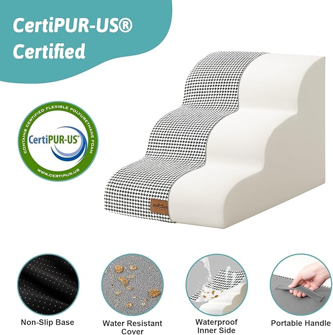 COZY KISS Dog Stairs for Small Dogs 15.7" H, Curved Dog Step for Puppy, Older Cat, Medium Pet Ramp for Sofa, Couch or Chair, Ladder with High Density Foam, 3 Step, 15.7x22.4x15.7 inch, White Black