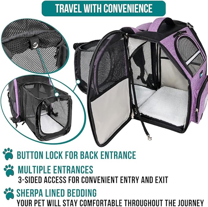 PetAmi Expandable Dog Backpack Carrier for Cats & Pets, Breathable Cat Carrier Backpack with Top Window & Multi-Entry, Ventilated Foldable Travel Carrier for Small Medium Pets up to 18 lbs, Purple
