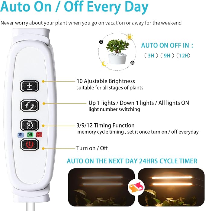 Hywyimlait LED Grow Light Strips for Indoor Plants Full Spectrum 3500K, 96 LEDs Plant Light Bar with 3/9/12H Timer, 10 Dimmable Levels for Seedling Succulent, 13 Inches 2 Head