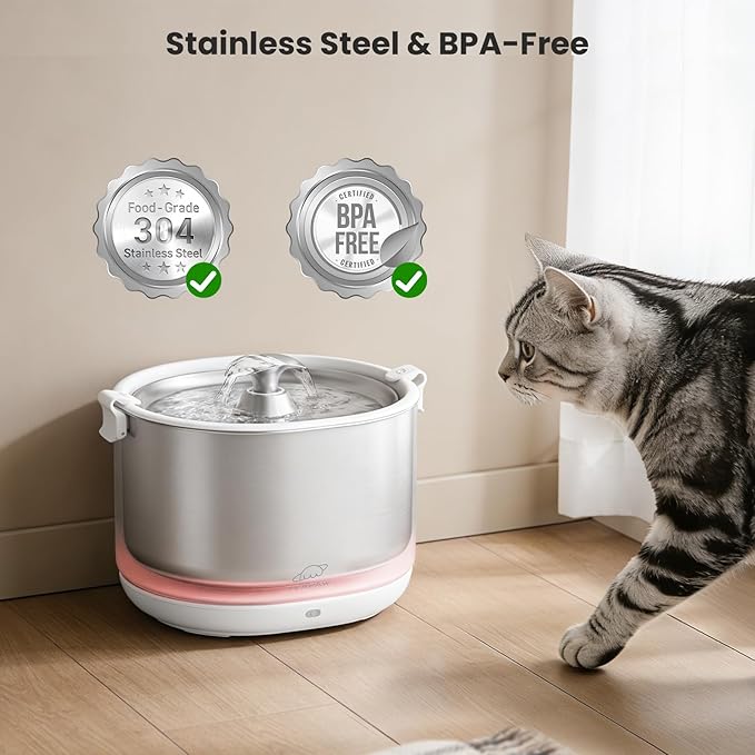 Cat Water Fountain Pumpless Stainless Steel Buckets & Bowl Wireless Pet Water Fountain 2.5L Water Fountains for Cats Indoor Dispenser Easy to Clean BPA -Free White