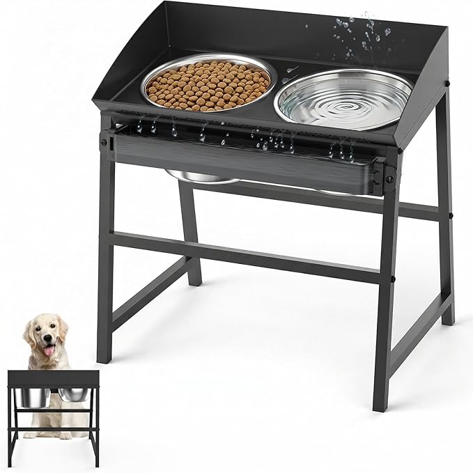 Bobbie & Laxi Elevated Dog Bowls for Large Dogs, 15-inch Tall Raised Dog Bowl Stand with Plastic Guard, Tilted Spill Proof Dog Bowl Design, Stainless Steel Food and Water Bowls for Mess-Free Floors