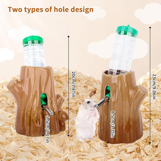 Stump-Shaped Ceramic Hamster Water Bottle - Leak Proof Small Animal Waterer with Bracket, 4.27oz(125ML) for Syrian Dwarf Hamster, Mice, Chinchillas (Brown + Green, Middle Size)