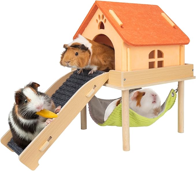 BESNEW 3 in 1 Enlarged Guinea Pig Hammock,Wooden Guinea Pig Hideout with House & Platform & Stairs Small Animal Toys for Hiding Sleeping Activities