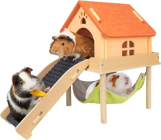 BESNEW 3 in 1 Enlarged Guinea Pig Hammock,Wooden Guinea Pig Hideout with House & Platform & Stairs Small Animal Toys for Hiding Sleeping Activities