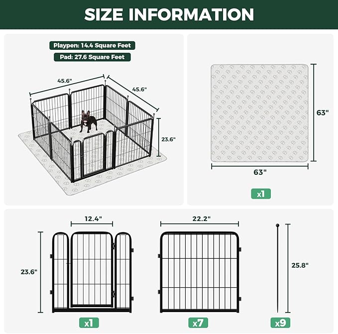 FXW Rollick Unleashed Dog Playpen for Indoor, Yard, RV Camping, 24 inch 8 Panels Dog Pen with Washable Pee Pad for Small and Puppy Dogs, Black│Patented