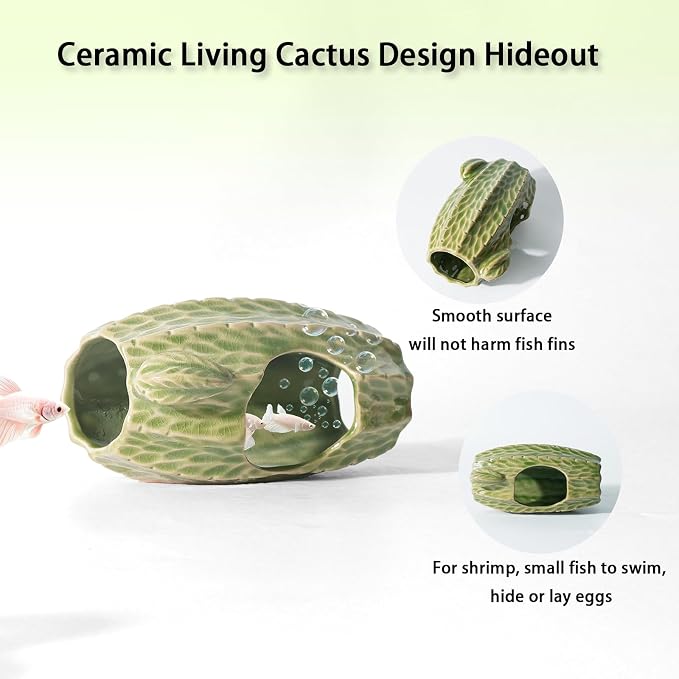 Ceramic Aquarium Decor Green Tall Cactus Betta Fish Tank Cave | Smooth-Surface Safe for Fish Hiding & Breeding, Easy-Clean, No Assembly, for Play & Rest,Fits 3.5-5 Gallon Fish Tanks