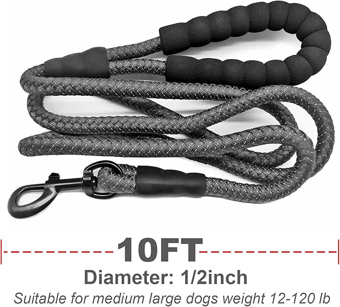 10FT Strong Dog Leash, Black Rope Leash Highly Reflective Threads with Soft Padded Handle for Small Medium Large Dogs (1/2")