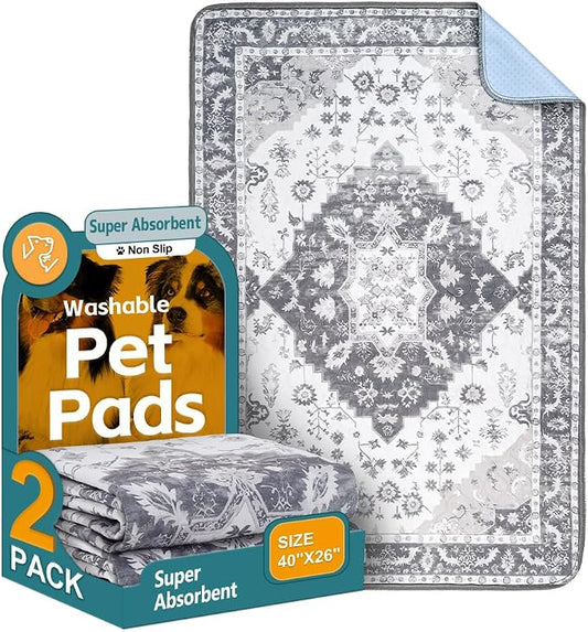 Washable Pee Pads for Dogs, 2 Pack Reusable Puppy Training Pads 40"x26" Super Absorbent Waterproof Dog Training Pads, Non-Slip Potty Pads, Whelping Pads Litter Mat Light Grey Medallion