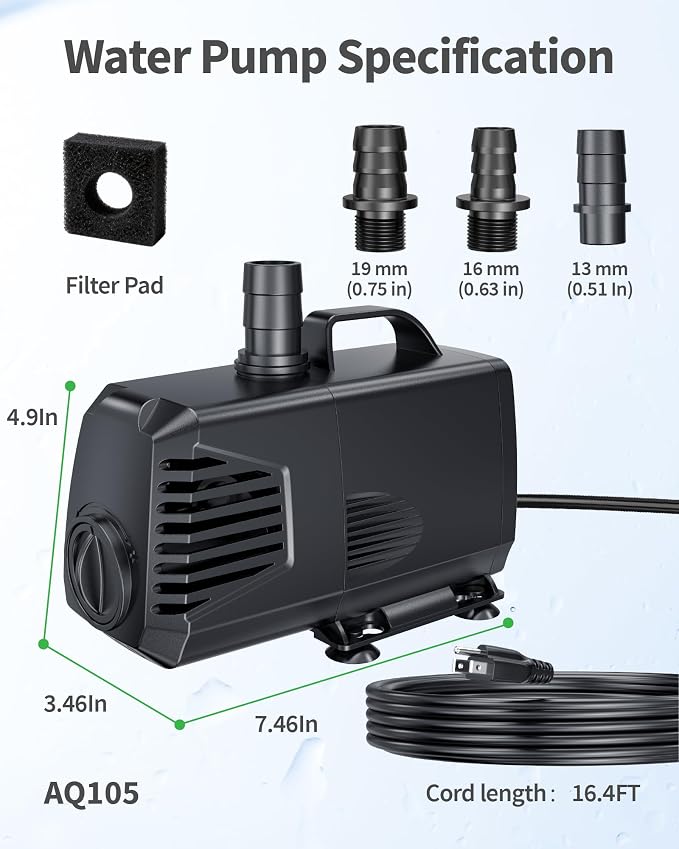880GPH Submersible Pump(3200L/H, 85W), Ultra Quiet Fountain Pump with Over Heating Protection & Filter Sponge 10.5ft High Lift for Pond, Fish Tank, Aquarium, Hydroponics, Waterfall Q105