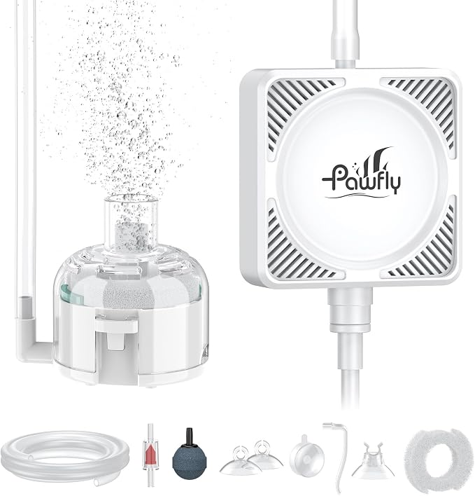 Pawfly 27 L/H Aquarium Air Pump, Compact Air Pump Suitable for 1–15 Gallon Fish Tanks | 1.3W Ultra Quiet Portable Fish Tank Oxygen Aerator Air Pump Kit with Mini Sponge Filter, Air Tubing, Air Stone, Check Valve