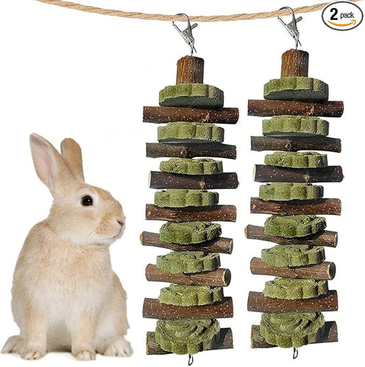 kathson 2PCS Bunny Chew Toys for Teeth Grinding, Chinchilla Treats Organic Bamboo Sticks Natural Fruitwood Branches for Rabbits Guinea Pigs Hamsters (Fruitwood Sticks+Alfalfa Cakes)