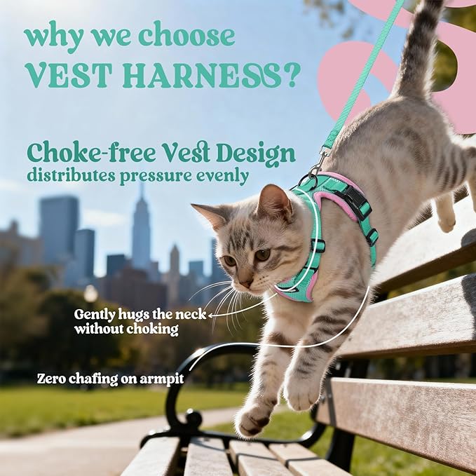 rabbitgoo Cat Harness and Leash for Walking, Escape Proof Soft Adjustable Vest Harnesses for Cats, Easy Control Breathable Reflective Strips Jacket, Green&Pink, S