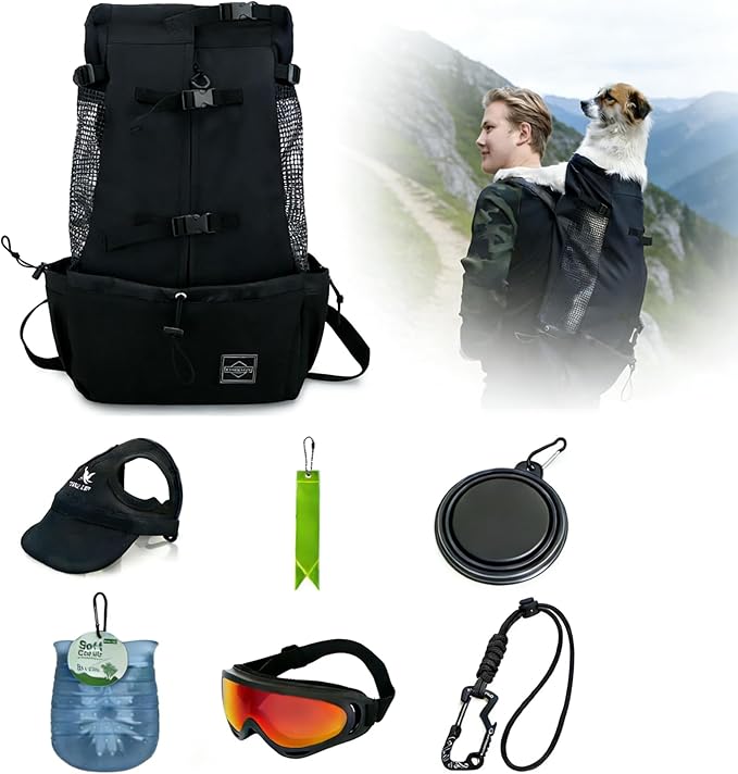 Dog Carrier Backpacks,Adjustable Safety Dog Carrier Backpacks Kit with Dog Water Cup, Reflective Strip Pendant, Dog Hat Hiking Buckle,Puppy Foot Washer, Pet Protective Glasses(Medium)