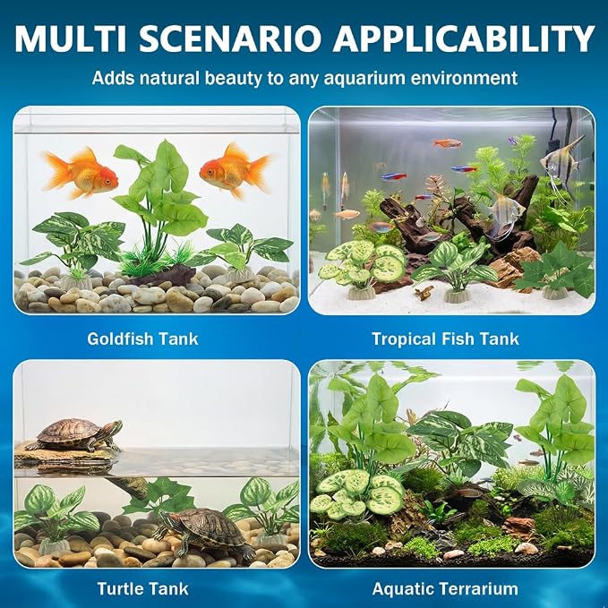 12pcs Artificial Silk Aquarium Plants Bettas Tank Accessories Green Fish Tank Plants Leaf Hammock Aquarium Decorations for Fish & Reptiles(Color:Green)