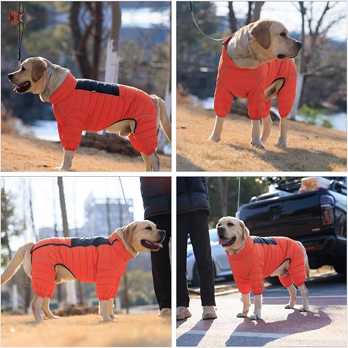 Lovelonglong Dog Coat Dog Warm Jacket, 4 Legs Covered Waterproof Windproof Reflective Warm Dog Vest, Zippered Adjustable Outdoor Dog Snow Jacket for Small Medium Large Dogs Orange L