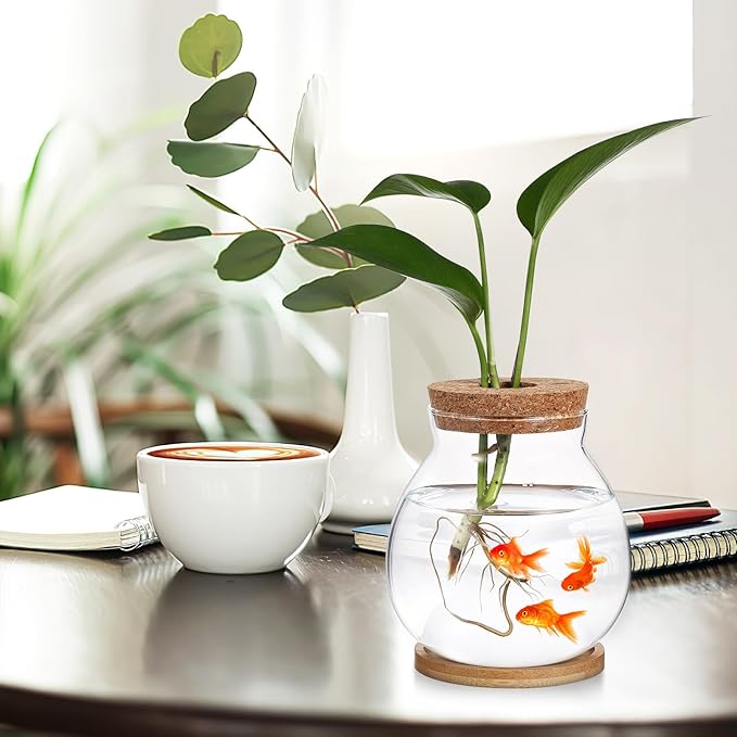 Milisten Desktop Fish Tank Small Glass Fish Bowl with Bamboo Cushion and Wood Lid Hydroponic Plant Terrarium Betta Aquarium for Home Office Decoration