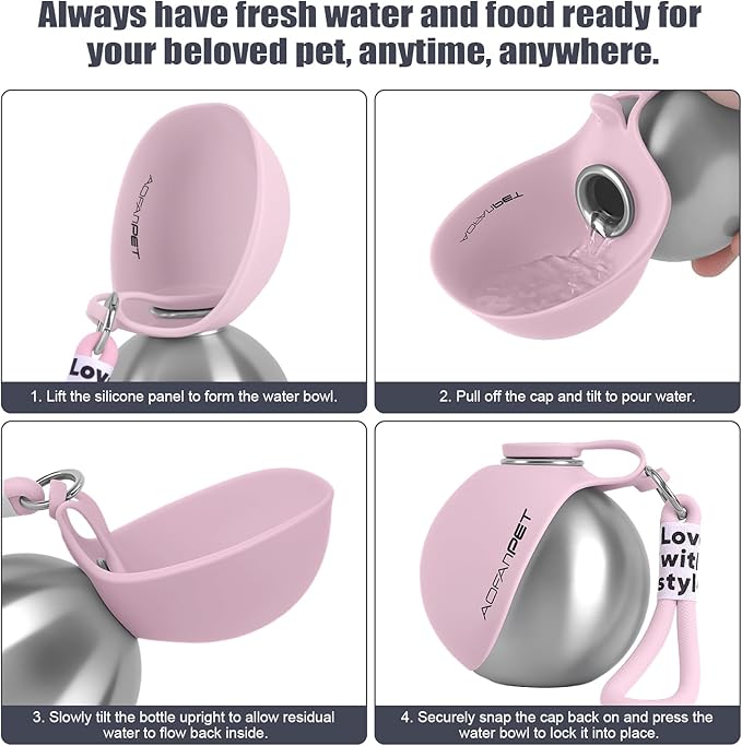 Portable Dog Water Bottle 10oz Stainless Steel Travel Dog Water Dispenser with Bowl No-Spill Puppy Water Bottle for Walking Hiking Small Dog Water Bottle