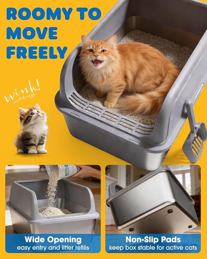 Powools Stainless Steel Cat Litter Box, Metal Litter Box with Scoop, High- Sided, Anti-Leakage Top Entry, Non-Sticky, Easy to Clean, Grey, M (1 Pack)
