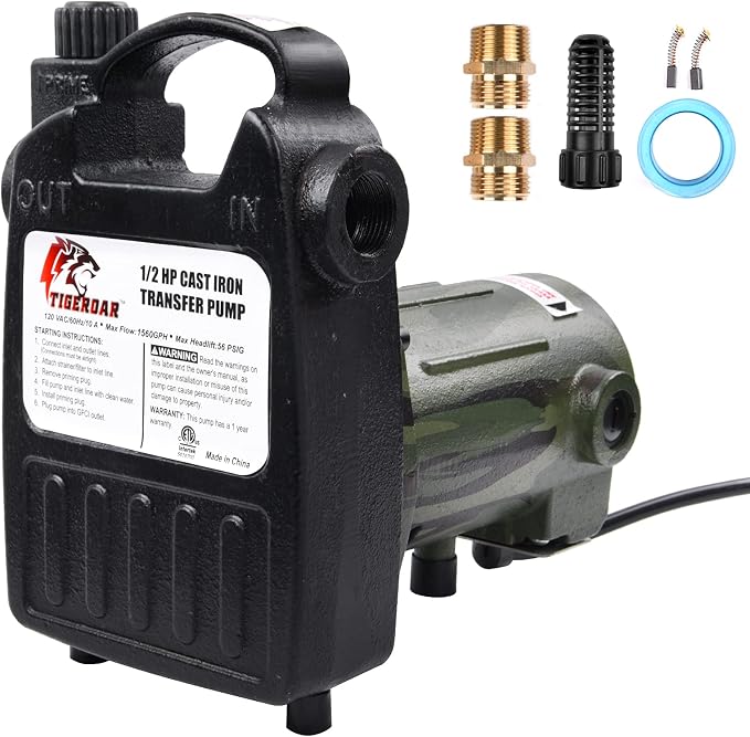 TIGEROAR 120V Water Transfer Pump 1560 GPH Cast Iron 1/2 HP Electric Pump | Portable Pump with 6 ft. Power Cord for Pool Pump with Multipurpose Heavy Duty Water Transferring Irrigation Car Washing