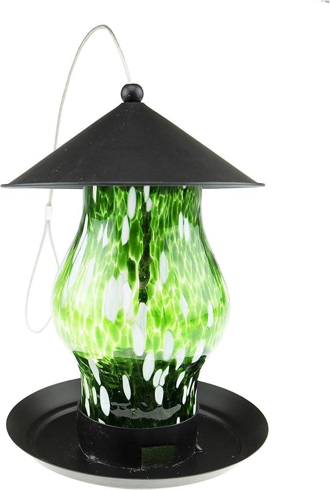 CLEVER GARDEN Glass Bird Feeder, Hanging Outdoor Decoration for Wild Birds, Green Cylinder