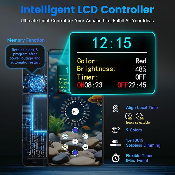 fishkeeper Smart LED Aquarium Light, 24/7 Full Spectrum Fish Light | Adjustable Bracket, LCD Controller, 9 Colors, 1% Dimming, 24/7 Auto Mode, Free Set Timer, Aluminum Housing