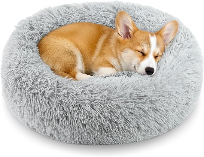 Calming Anti-Anxiety Donut Dog and Cat Bed for Indoor Cats, Round Fluffy Soft Washable Small Medium Pet Bed for Puppy and Kitten, Warming Comfortable Luxury Anti-Slip Waterproof Mute Base 24in Gray
