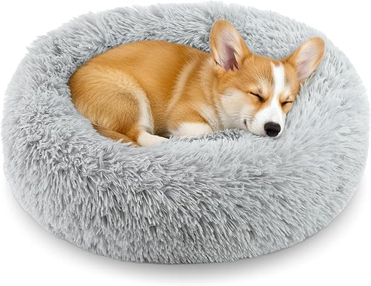 Calming Anti-Anxiety Donut Dog and Cat Bed for Indoor Cats, Round Fluffy Soft Washable Small Medium Pet Bed for Puppy and Kitten, Warming Comfortable Luxury Anti-Slip Waterproof Mute Base 24in Gray