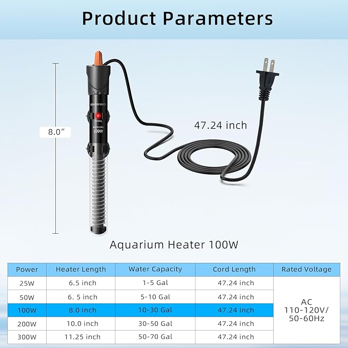 HiTauing Aquarium Heater 100W, Adjustable Knob Fish Tank Heater with 2 Powerful Suction Cups, Submersible Betta/Turtle Tank Heater for Freshwater and Saltwater Tanks