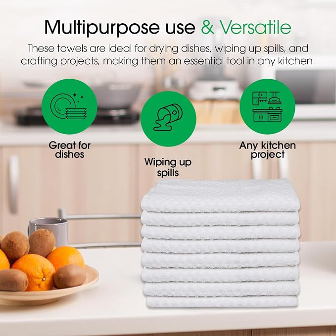 DG Collections Premium Dish Towels for Kitchen, 8 Pack, 15x25 Inch - 100% Cotton Kitchen Towels with Hanging Loop, Highly Absorbent, 400 GSM Bar Mop Cleaning Towels - White