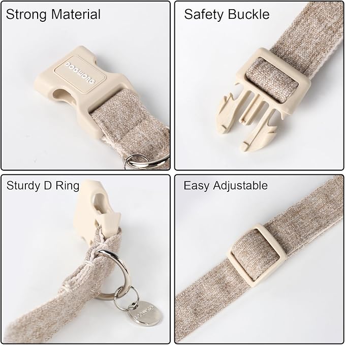 DOGWONG Cotton Hemp Dog Collar, Heavy-Duty Khaki Dog Collar Adjustable Soft Natural Fabric Pet Cute Wedding Puppy Necklace for Small Medium Large Dogs