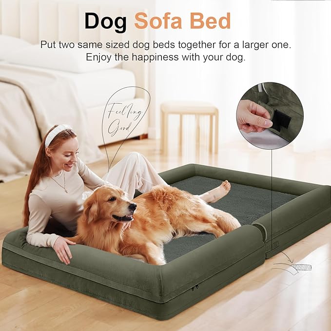 Large Dog Bed Orthopedic Washable: Extra Large Sized Beds for Jumbo Dogs Egg Crate Foam Sofa Couch Waterproof Removable Cover - Dark Green