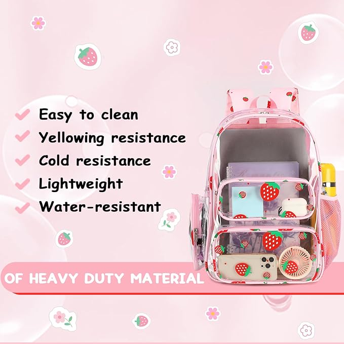 CAMTOP Clear Backpack Heavy Duty Transparent Bag See Through BookBag for Student School Work Festival Sport Travel (Clear Strawberry)
