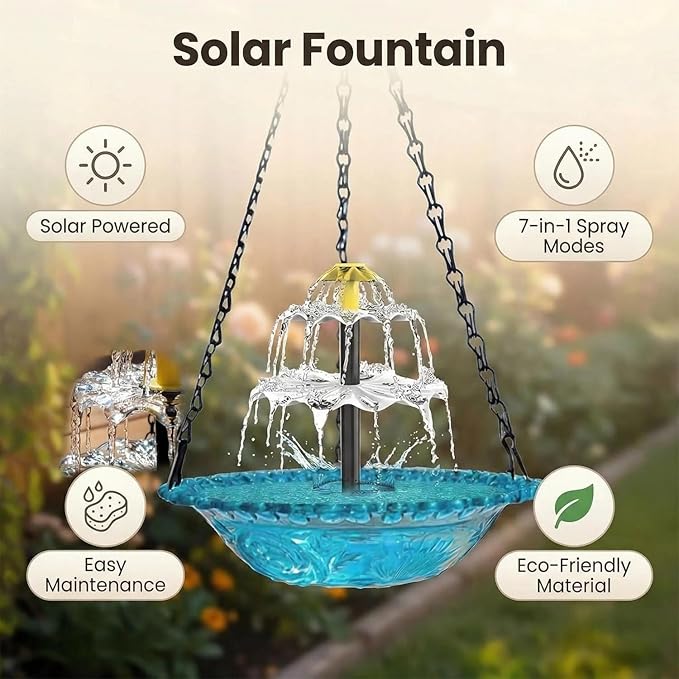 2026 Solar Cascade Hanging Bird Bath Fountain - 3 Layers Outdoor Water Feature for Hummingbirds, Easy-Clean 9.3" Glass Basin with Solar Powered Pump, Attract Wild Birds to Garden, Patio (Gray)