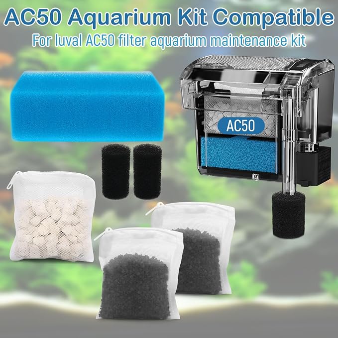 Aquarium Media Maintenance Kit Replacement for Fluval AC50 Power Filter | Includes 1 Blue Foam Filters, 2 Intake Strainer Sponge,1Pack Ceramic Rings and 2 Pack Activated Carbon