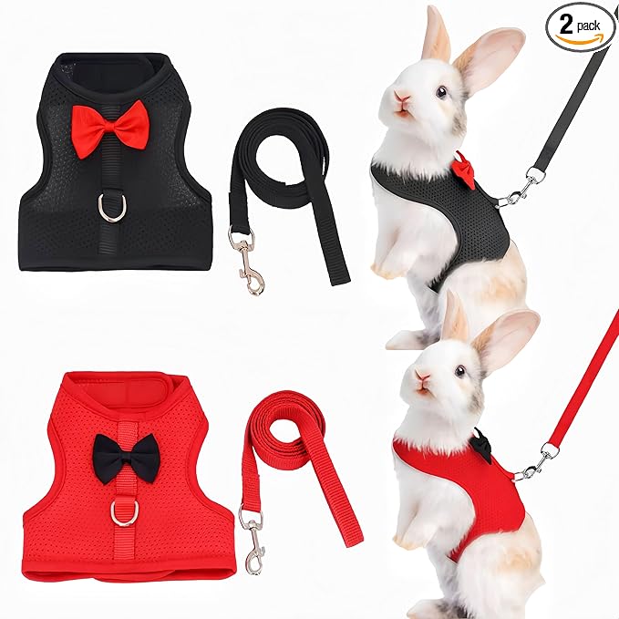2 Pack Adjustable Bunny Rabbit Harness and Leash Set Breathable Mesh Vest Harness for Rabbits Kitten Ferret Puppy Small Pets Walking Supplies-Black&Red,M