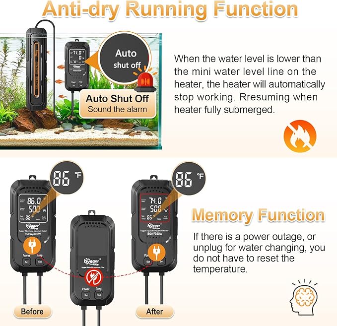 hygger Aquarium Heater, 500W/1000W Adjustable Power Fish Tank Heater with Digital Display External Controller, Automatic Power-Off Protection Heater for 106-211 Gallons Freshwater and Saltwater Tank